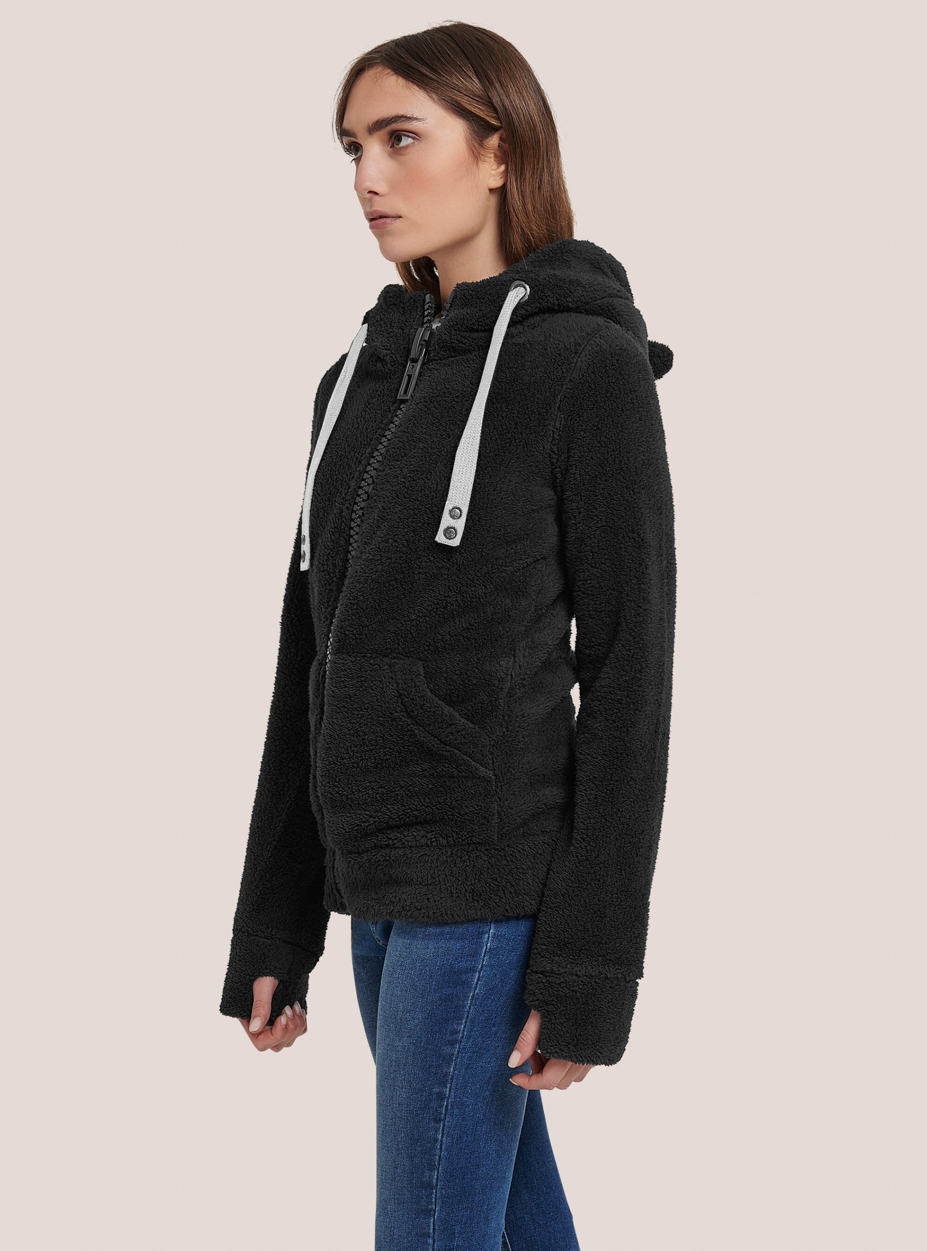 Alcott Frauen Bk1 Black Qualität Sweatshirts Felpa Con Zip Maxi E Cappuccio Con Orecchie – 2