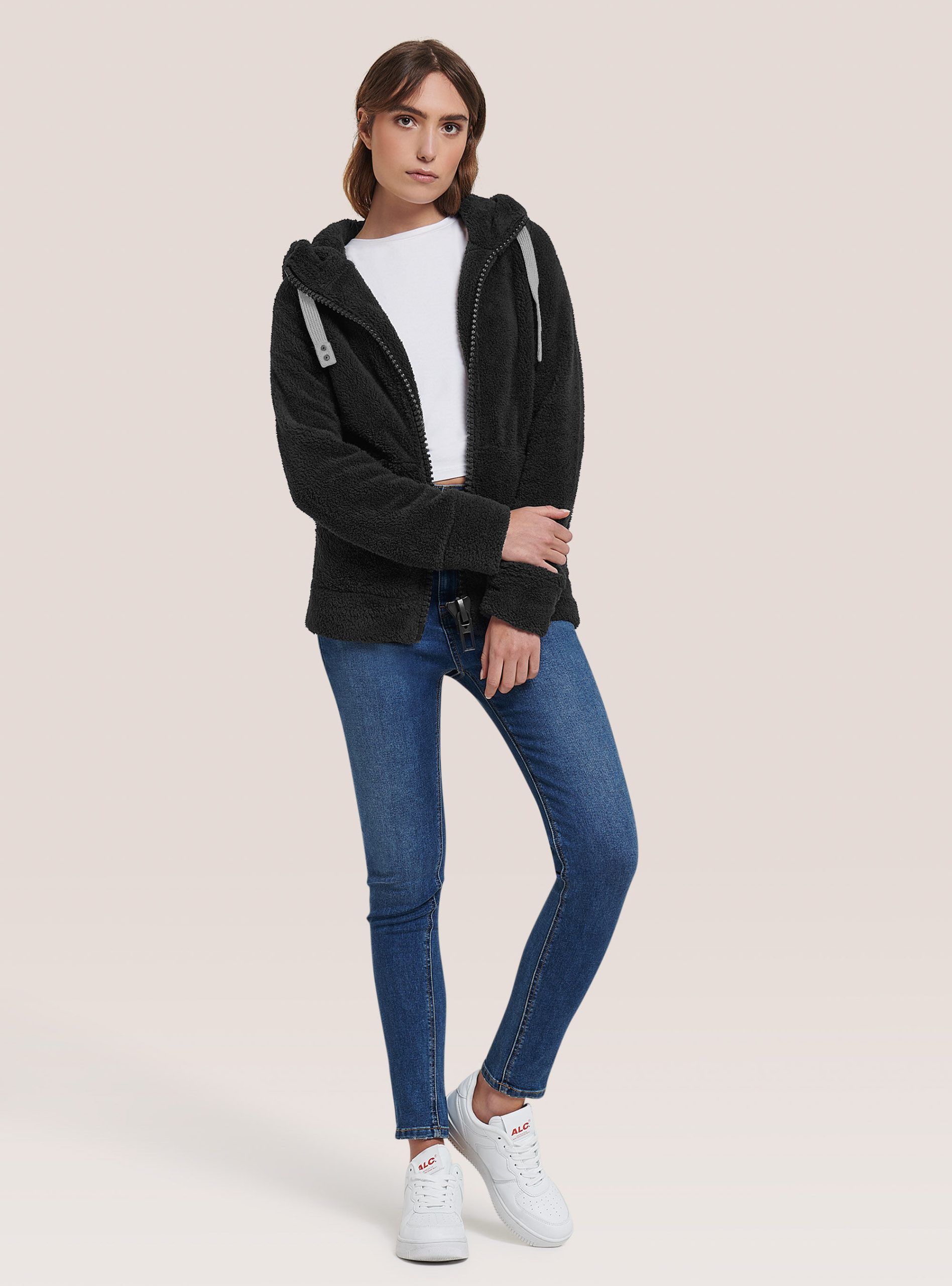 Alcott Frauen Bk1 Black Qualität Sweatshirts Felpa Con Zip Maxi E Cappuccio Con Orecchie – 1