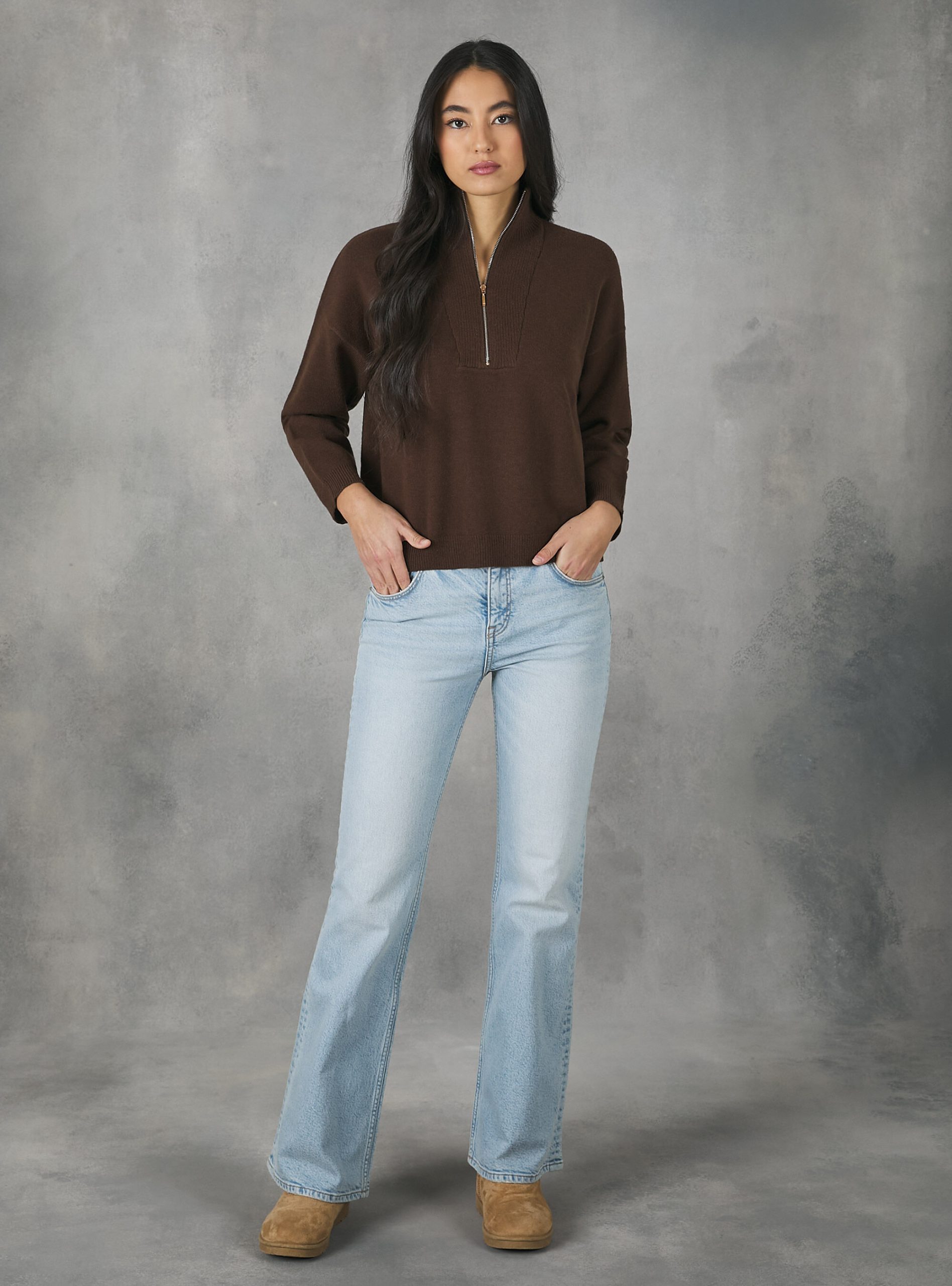 Half-Neck Pullover With Zip Frauen Bestellung Br2 Brown Medium Strickwaren Alcott – 1