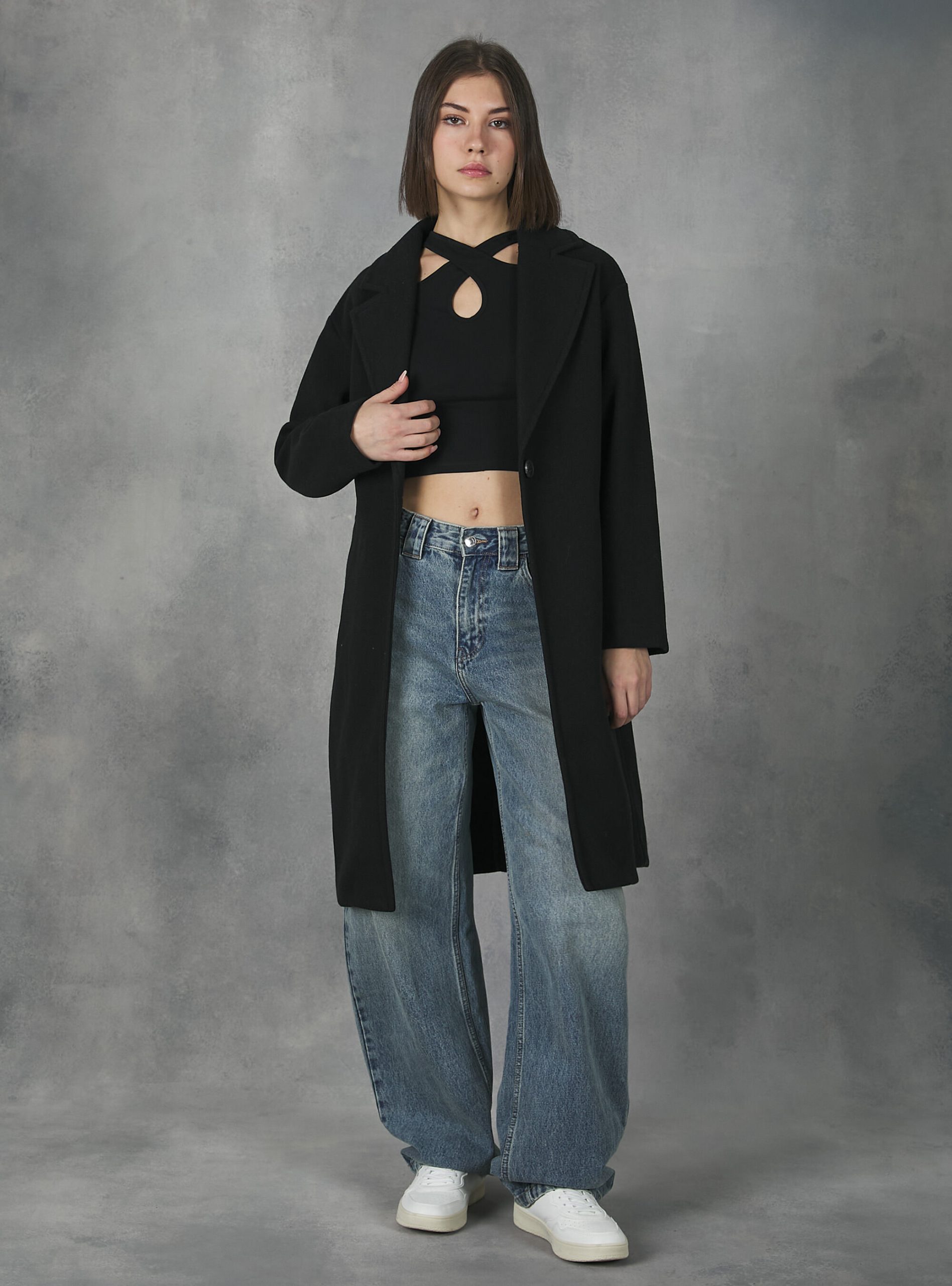 Mäntel Und Jacken Günstig Bk1 Black Plain-Coloured Gauze Knit Coat Alcott Frauen – 2