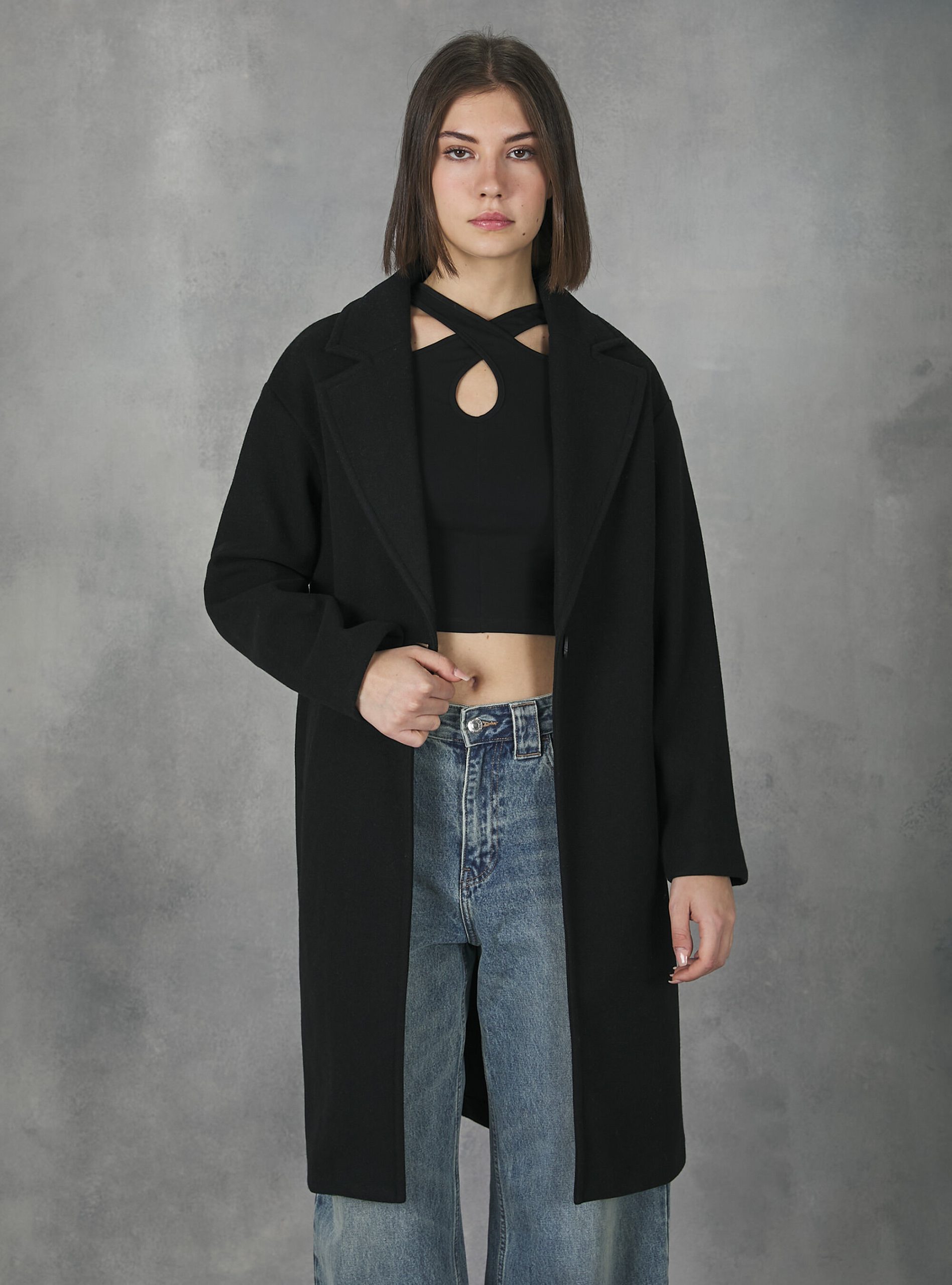 Mäntel Und Jacken Günstig Bk1 Black Plain-Coloured Gauze Knit Coat Alcott Frauen – 1