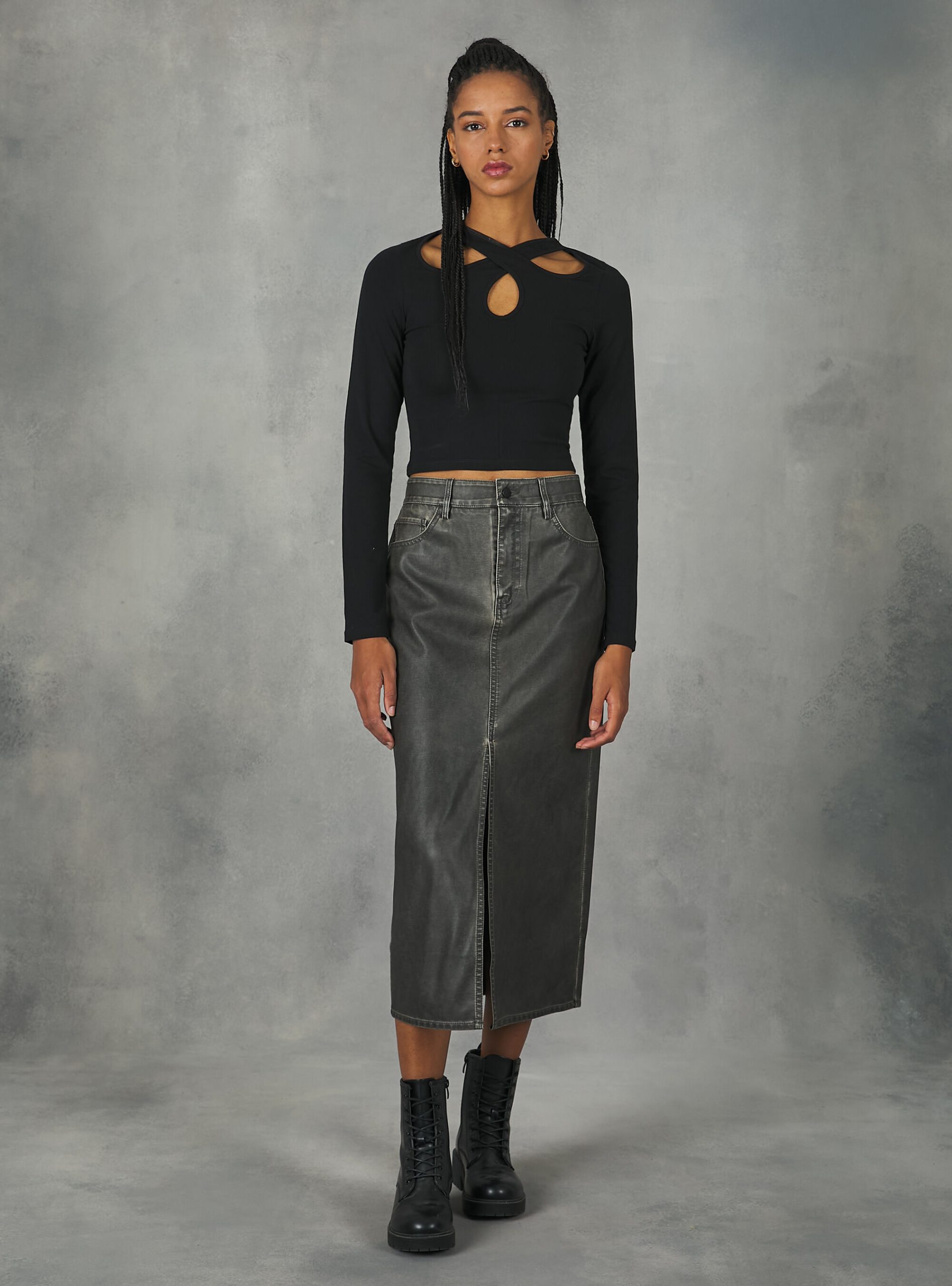 Worn Leather Effect Long Skirt Röcken Und Shorts Alcott Bk3 Black Charcoal Frauen Zufrieden – 2
