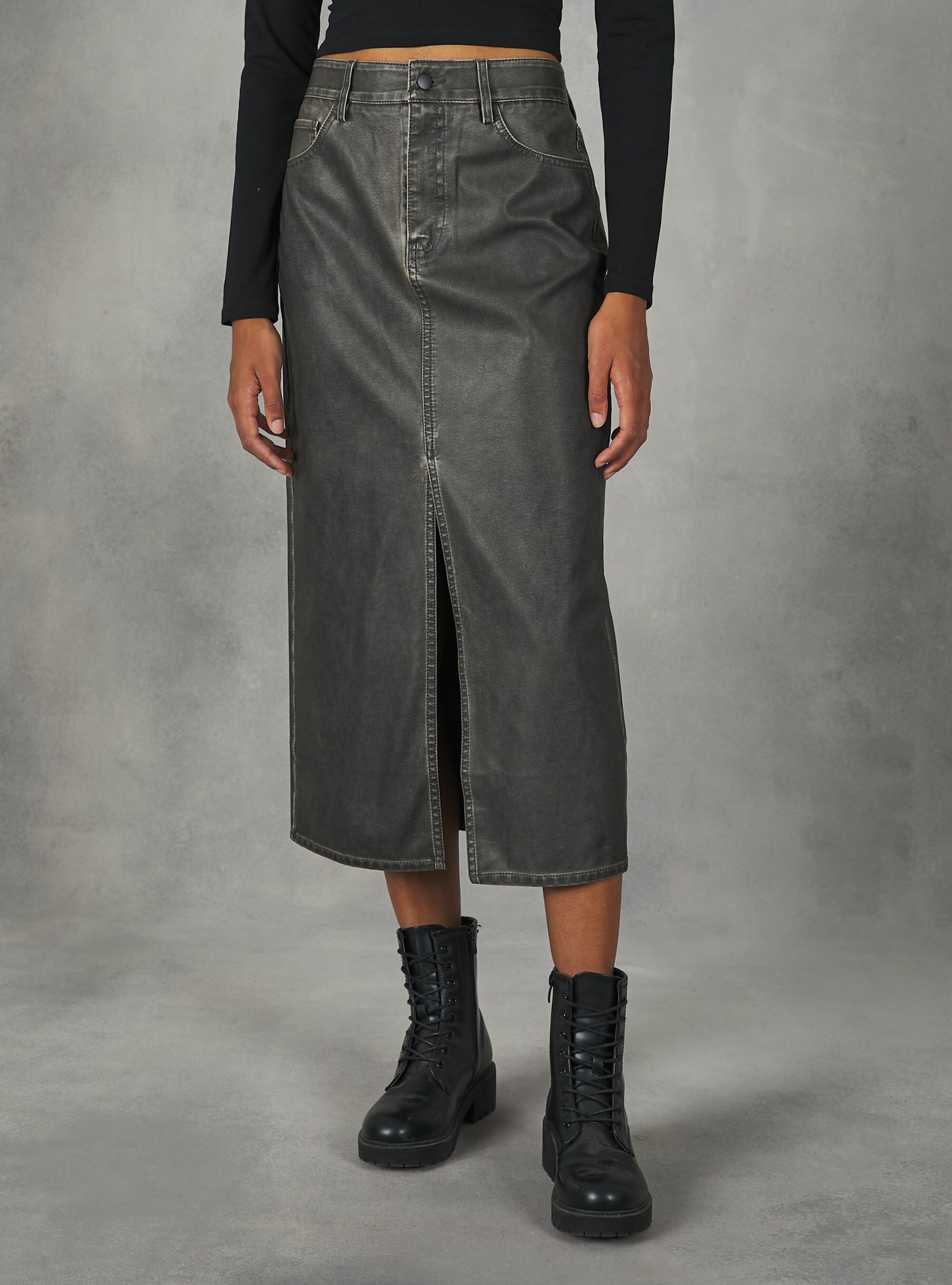 Worn Leather Effect Long Skirt Röcken Und Shorts Alcott Bk3 Black Charcoal Frauen Zufrieden – 1